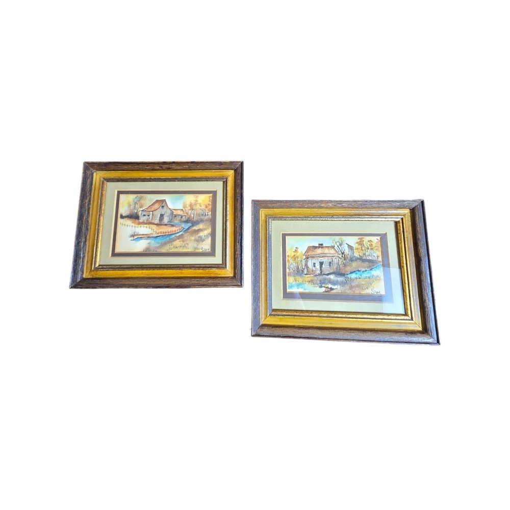 VTG Sims Artist Signed Professionally Framed Pair of Mini Watercolor Paintings